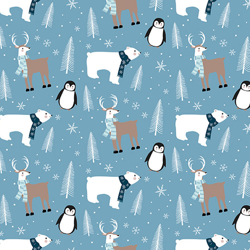 Fabric featuring penguins, polar bears, deer, and trees against an aqua blue background with snowflakes.