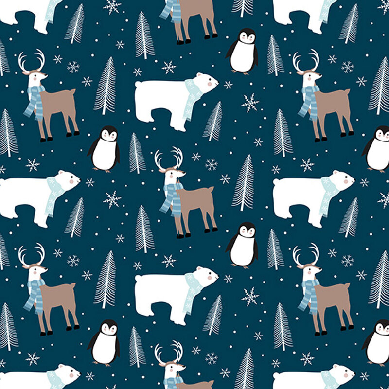 Fabric featuring penguins, polar bears, deer, and trees against a dark teal background with snowflakes.