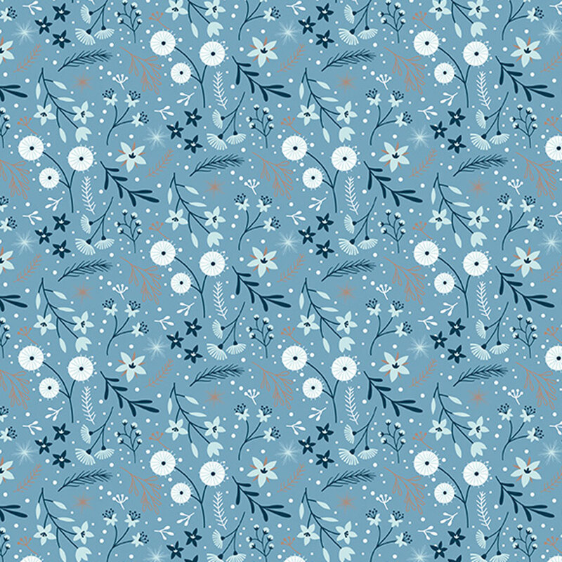 Fabric tossed with florals, leaves, and sprigs on a aqua blue background.