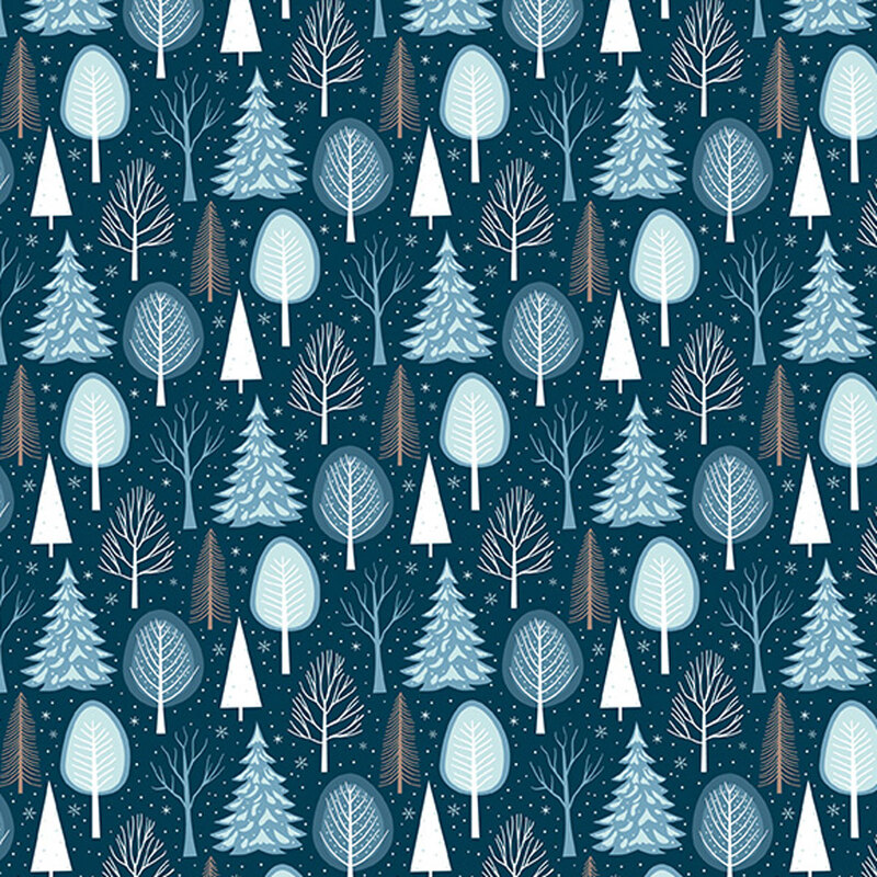 Fabric featuring various trees on a dark teal background.