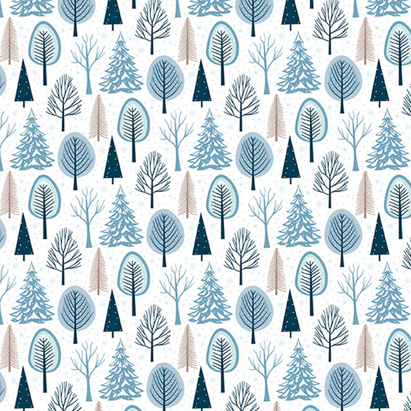 Fabric featuring various trees on a white background.