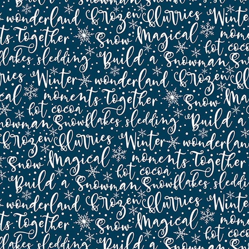 Dark teal fabric with overlapping white text featuring winter-themed phrases and words.