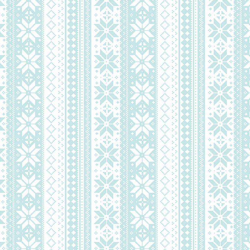 A repeating striped pattern featuring intricate designs and snowflakes in white and light aqua.