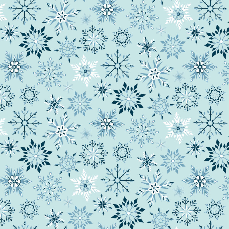 Light aqua fabric featuring various snowflakes in shades of blue.