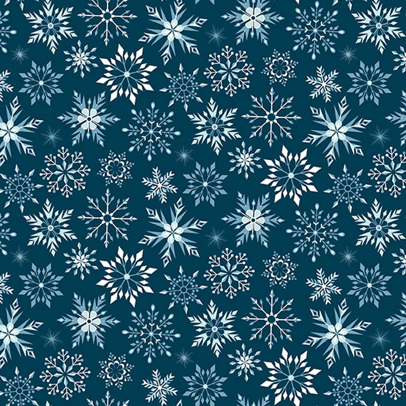 Dark teal fabric featuring various snowflakes in shades of blue.