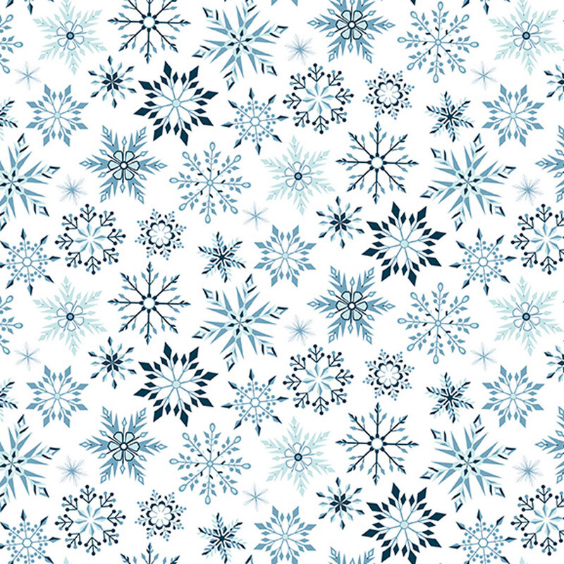 White fabric featuring various snowflakes in shades of blue.