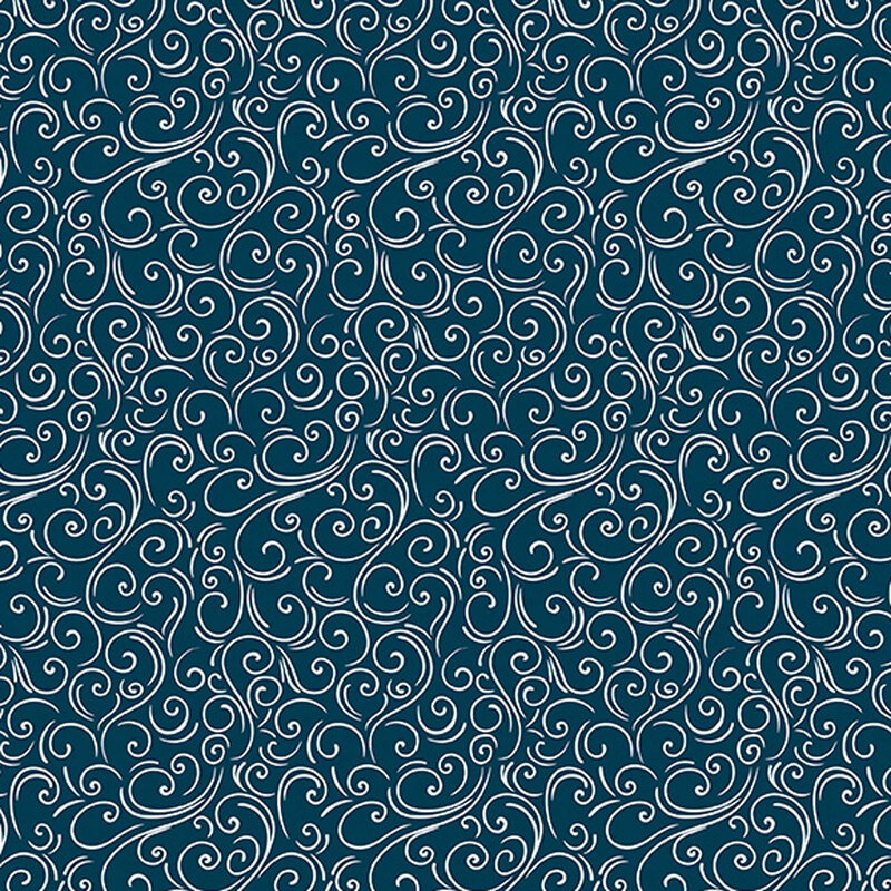 Dark teal fabric with delicate white swirling patterns.