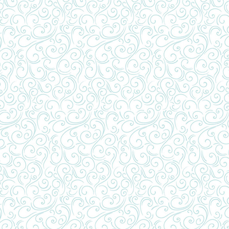 White fabric with delicate blue swirling patterns.