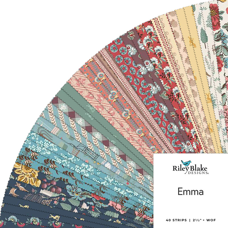 A fanned collage of vintage fabrics with an Emma by Riley Blake Designs tag in the bottom right corner