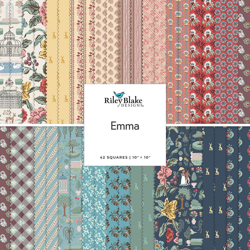 A stacked collage of vintage fabrics with an Emma by Riley Blake Designs tag in the center