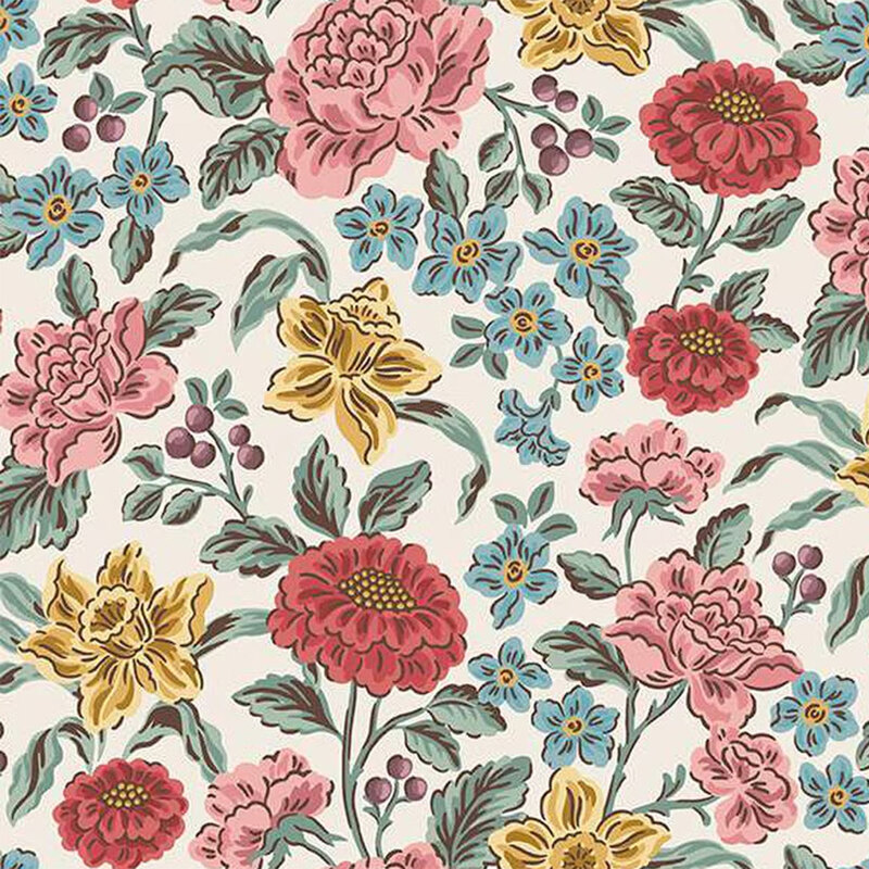 Fabric pattern featuring pink, red, yellow flowers, and blue blossoms on a cream background.