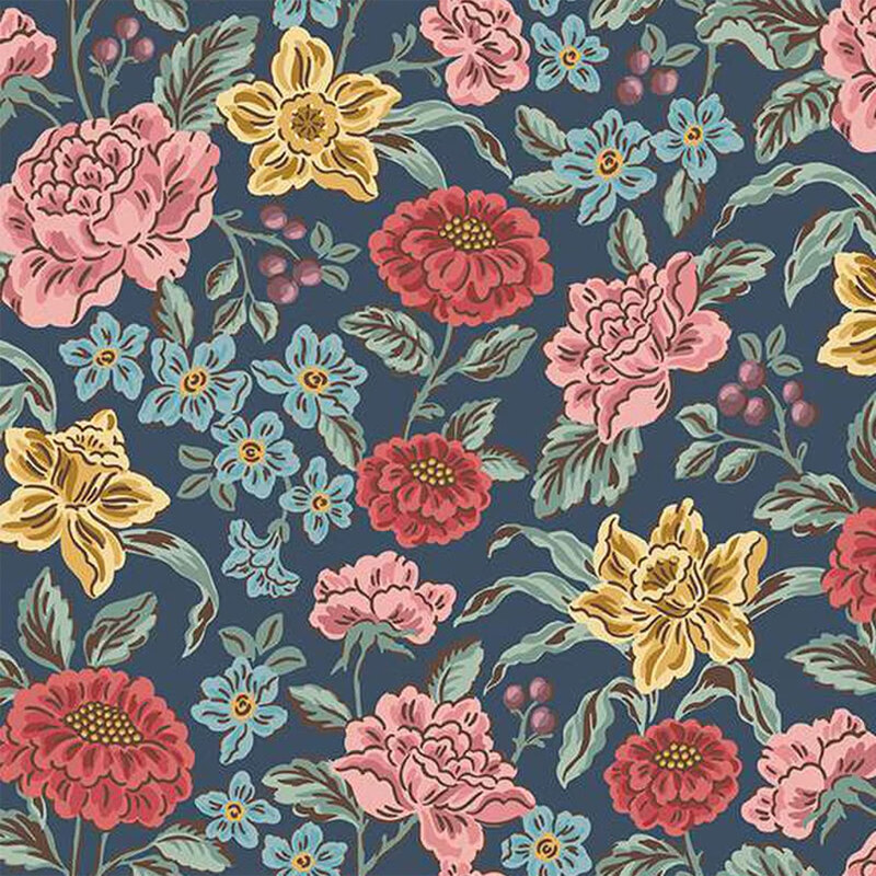 Fabric pattern featuring pink, red, yellow flowers, and blue blossoms on a navy background.