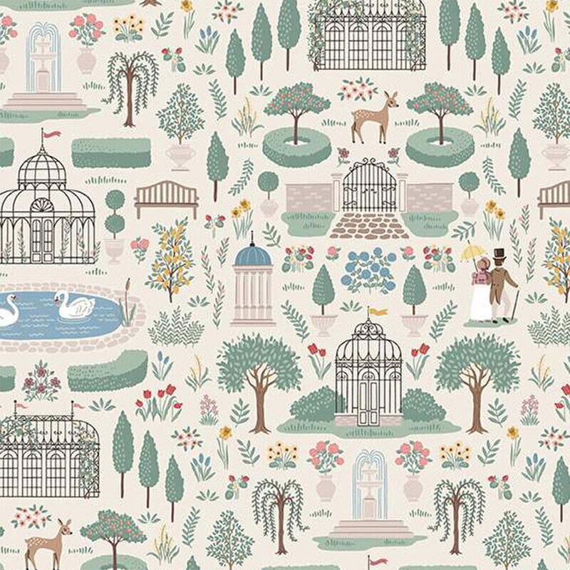 Pattern of a whimsical garden scene featuring a gazebo, trees, deer, swans, and floral elements.