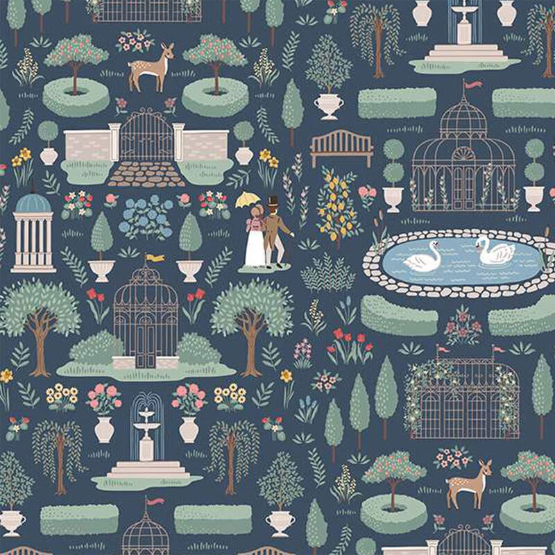 A whimsical floral wallpaper design featuring gardens, swans, deer, and a couple by a fountain.