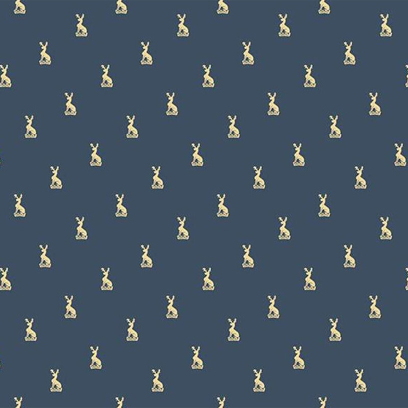 Seamless pattern of small cream-colored deer on a dark blue background.