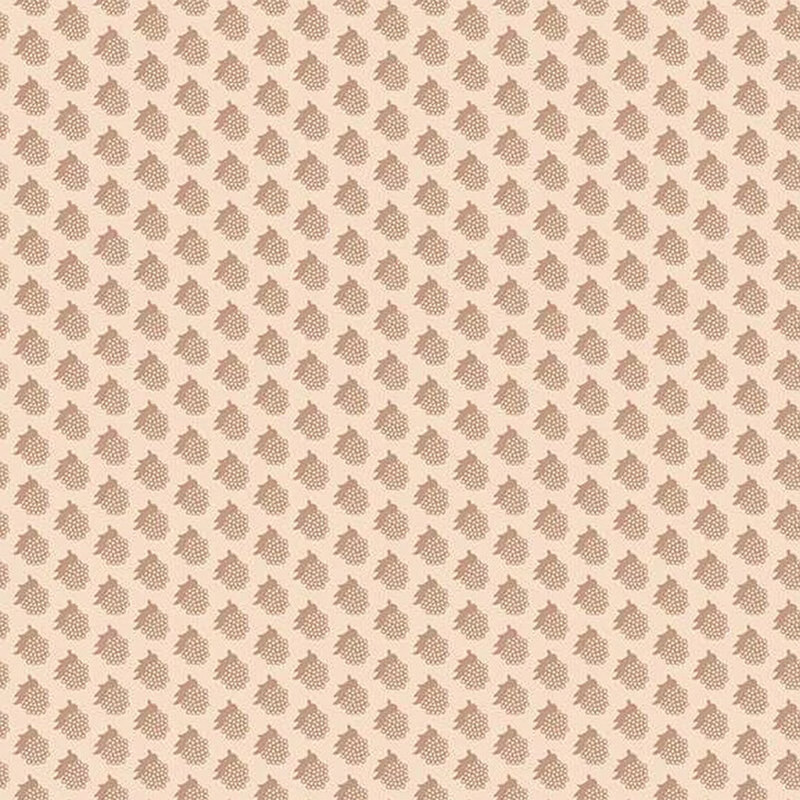 Repeating pattern of small berry clusters in muted tones on a light beige background.