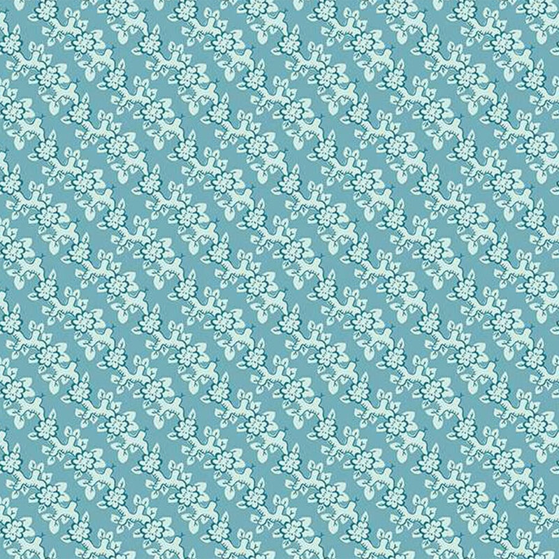 Seamless pattern of light blue floral and vine designs on a turquoise background.