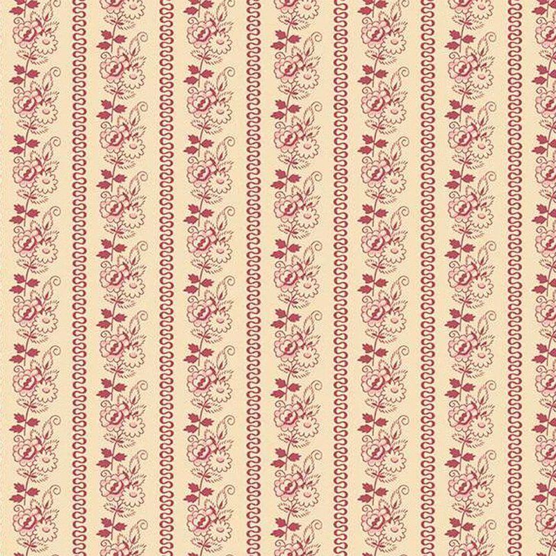 Repeating fabric pattern with red stripes and flowers against a beige background.