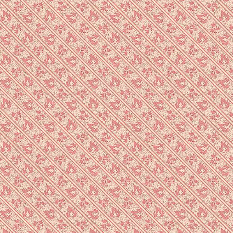 Repeating leaf pattern on a light cream background, featuring diagonal stripes in soft pink tones.