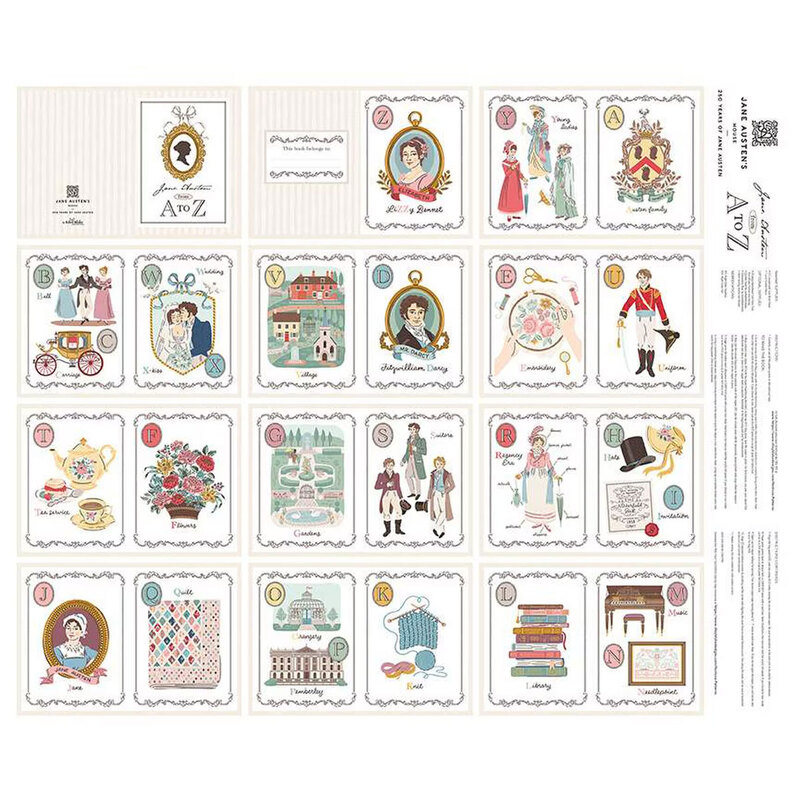 A fabric panel features illustrated cards depicting various historical figures and themes, arranged in a grid.