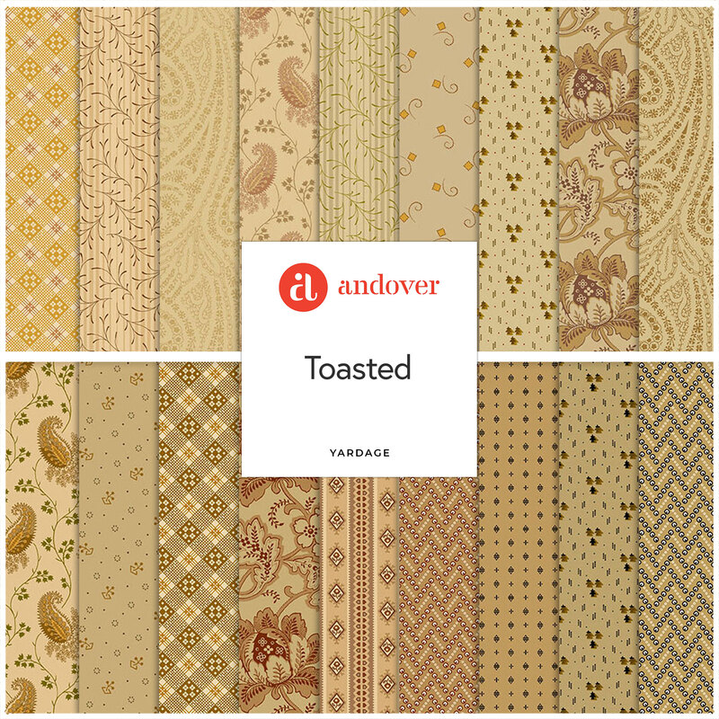 A collage of the neutral fabrics included in the Toasted fabric collection.