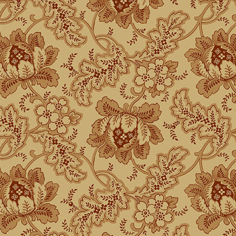 Light tan fabric featuring ornate brown-red flowers and leaves sprawling across the design.