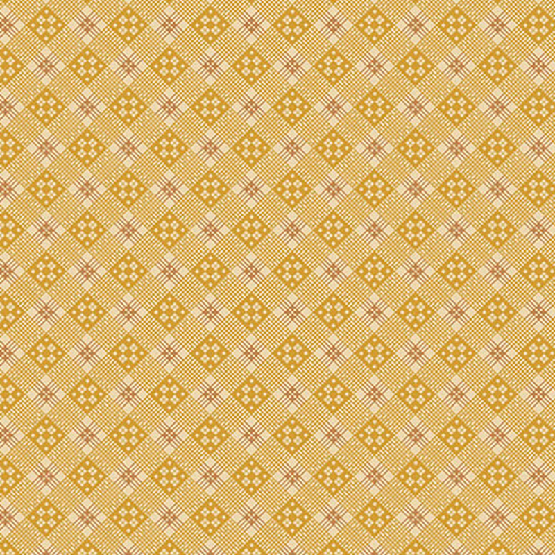 Yellow diagonal geometric fabric with unique designs in each colored square.