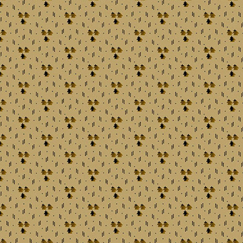 Tan fabric with small red dots, dotted lines, and tiny trees.