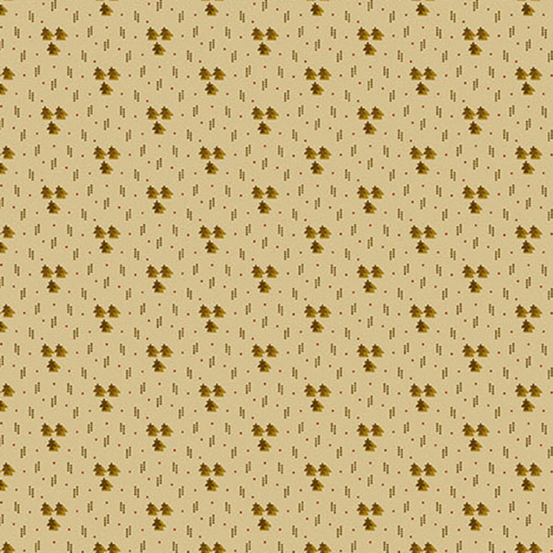 Light tan fabric with small red dots, dotted lines, and tiny trees.