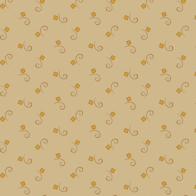 Light tan fabric with ditsy swirls and squares.