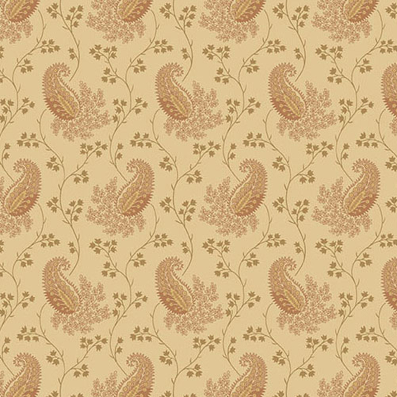 Light tan fabric with thin vines and clusters of flowers surrounding floral paisley designs.