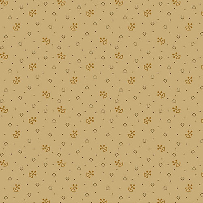 Neutral tan fabric with small calico sprouts and dotted circles scattered across the design.