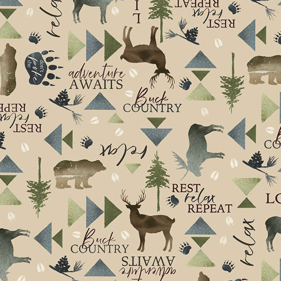 A patterned design featuring bears, deer, pine trees, and text with outdoor themes on a tan background.