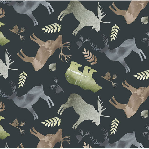 Repeat pattern featuring stylized moose and leaves on a dark background.