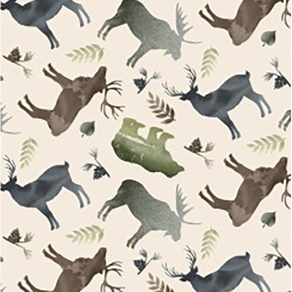 A seamless pattern of various animals, including moose, bear, and dogs, with greenery and pine cones.