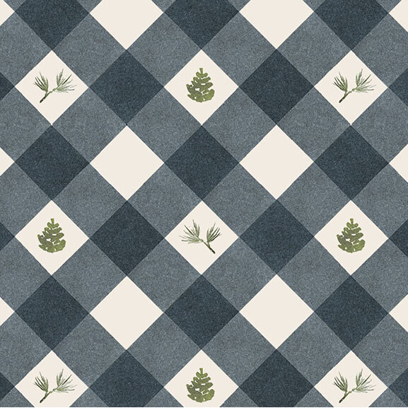 A diamond-patterned textile featuring green pine tree illustrations on a blue and cream background.