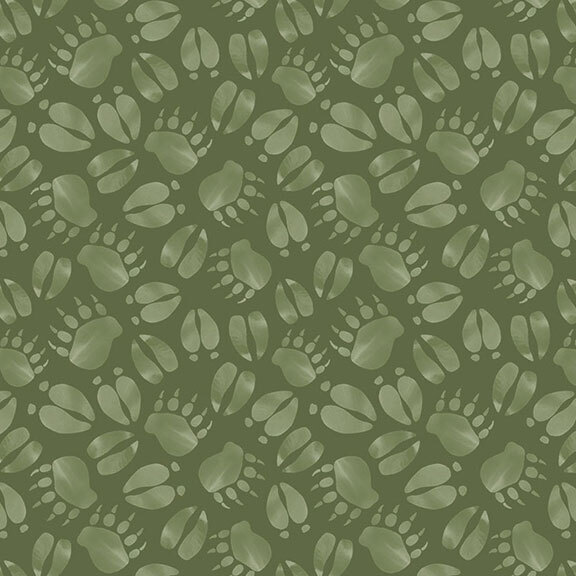 A repeating pattern of various animal and human footprints on a dark green background.