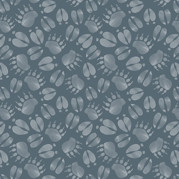 Seamless pattern of various animal paw prints in light gray on a dark teal background.