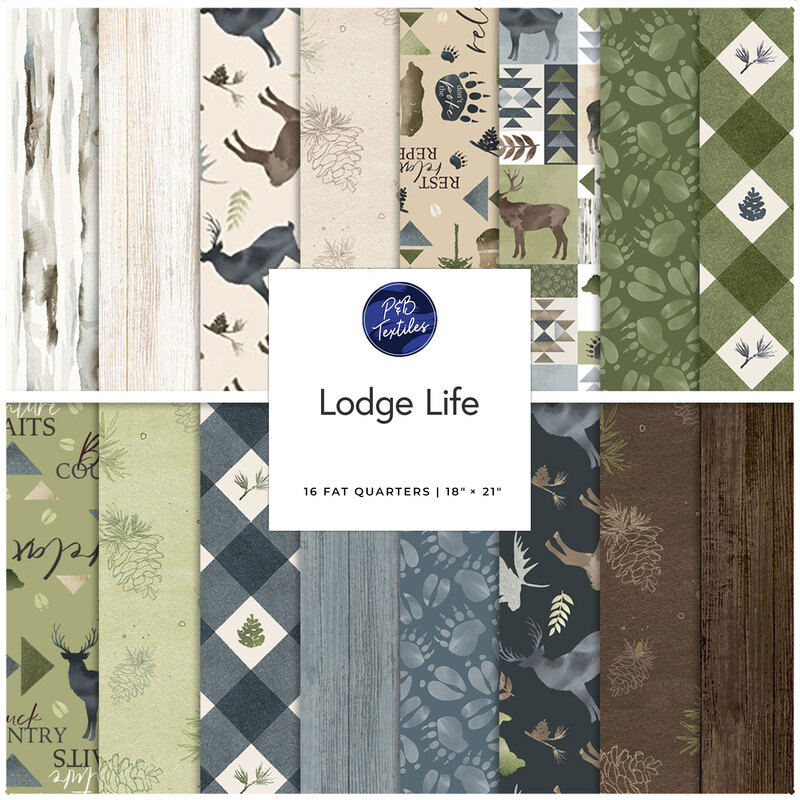 A collage of fabric patterns featuring forest themes, animals, and lodge-inspired designs with text label.