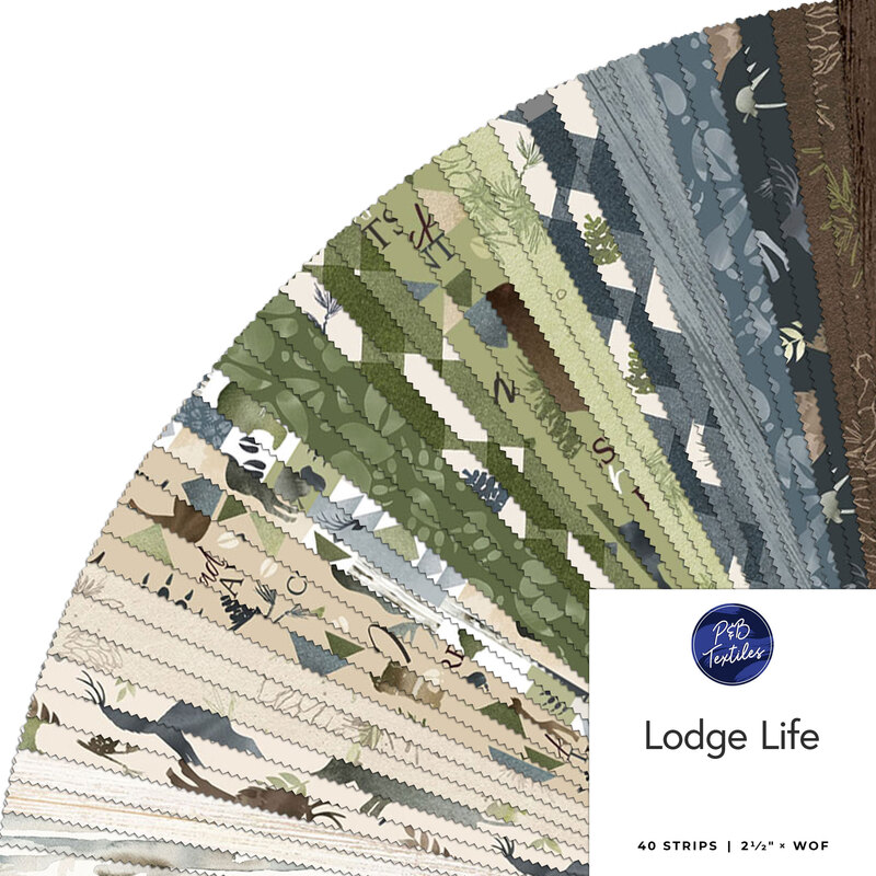 Colorful fabric strips in earthy tones and patterns, labeled Lodge Life, featuring nature motifs.