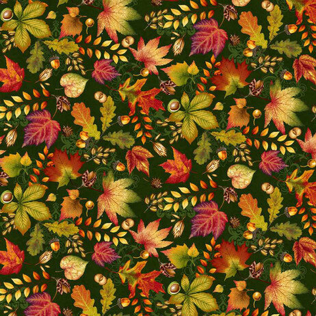 A dense fabric pattern of autumn leaves in various colors on a dark green background, interspersed with acorns.