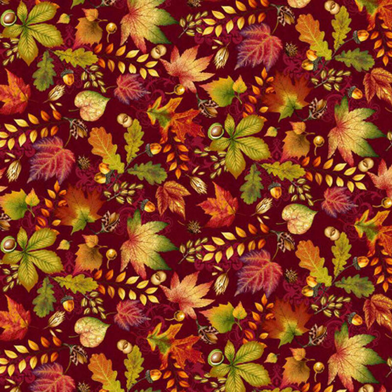 A dense fabric pattern of autumn leaves in various colors on a dark red background, interspersed with acorns.