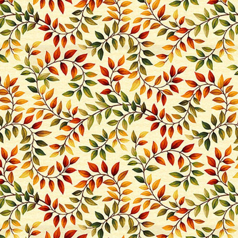 A fabric pattern of swirling vines with green, orange, and red leaves against a cream background.