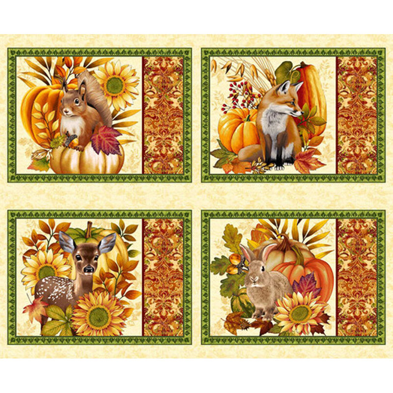 A fabric panel with four seasonal animal illustrations: a squirrel and a fox; a deer and a rabbit, surrounded by autumn leaves and pumpkins.