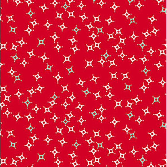 Red background with a repeated pattern of white and turquoise star-like shapes.