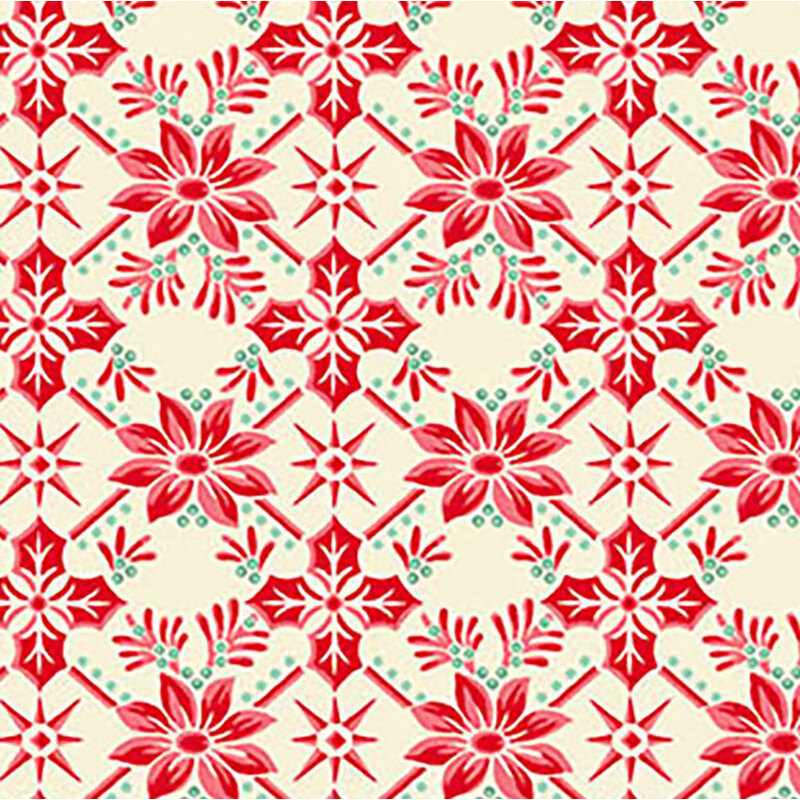 Red and pink floral pattern with stars on a light cream background, arranged in a repeating design.