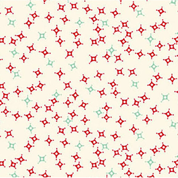 A seamless pattern of small, star-shaped shapes in red and mint on a light cream background.