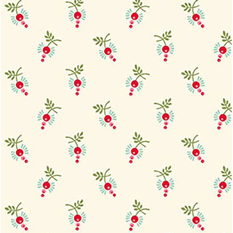 Repeating pattern of red berries and green leaves on a light cream background.