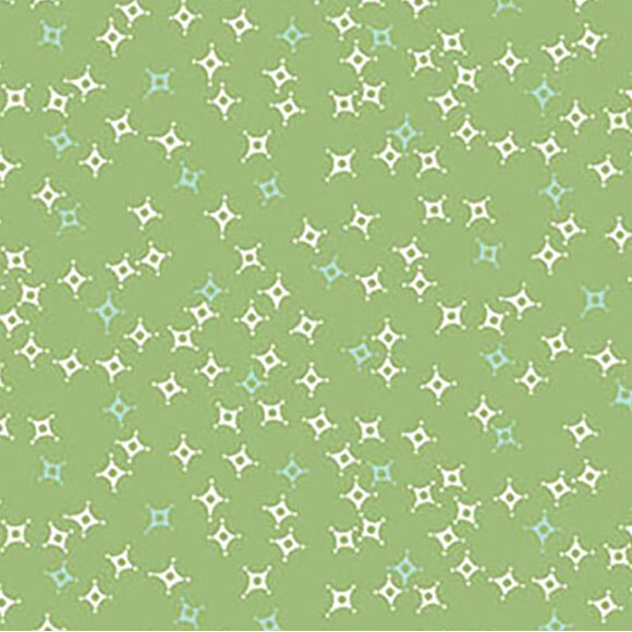 A textured pattern of star-like shapes in white and light blue on a green background.