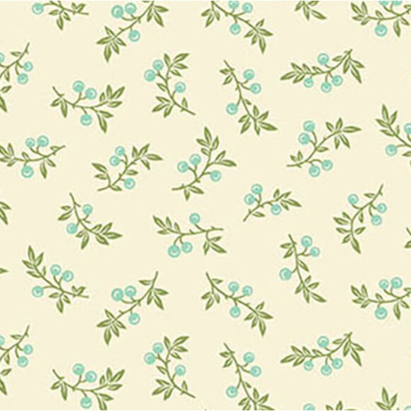 Light cream background covered with small green branches and blue berries in a repeating pattern.